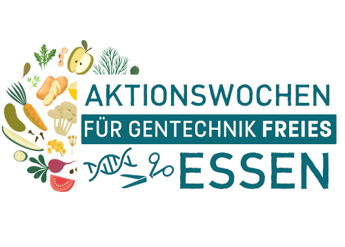 Das Logo der Aktionswochen zeigt verschiedene gezeichnete Obst- und Gemüsearten und enthält den Titel: Aktionswochen für gentechnikfreies Essen