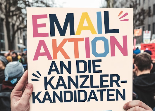 Hände halten ein Plakat mit der Aufforderung zur Teilnahme an einer Mailaktion hoch. 