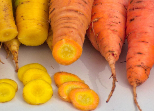 Gelbe und orangene Möhren liegen aufgeschnitten nebeneinander.